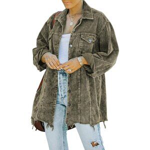 Womens Army Green Oversized Corduroy Shirt Jacket Casual Button Down Retro